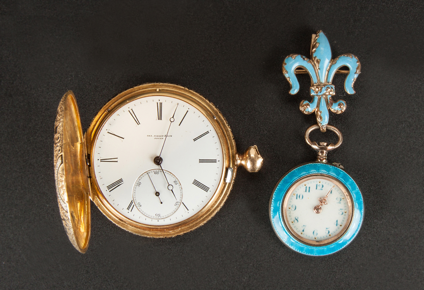 Two Enameled Watches L CHF Tissot Son Locle 18k Gold