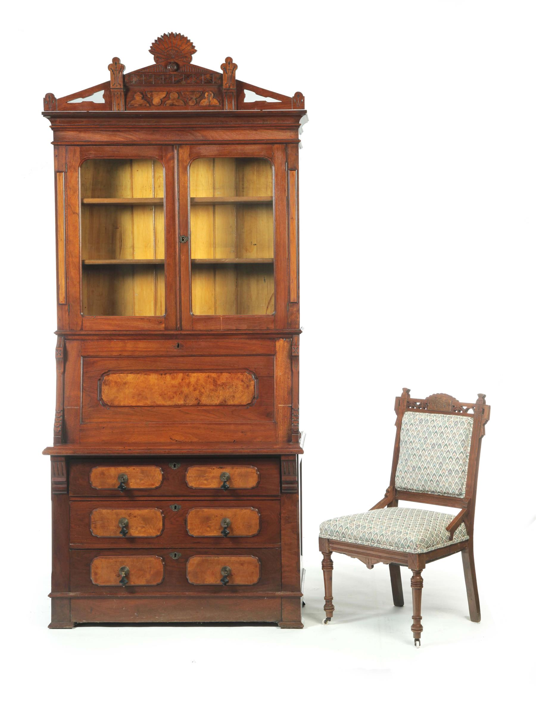 EASTLAKE VICTORIAN SECRETARY BOOKCASE AND SIDE CHAIR American 4th quarter