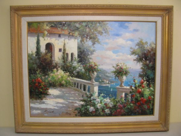 Large oil on canvas painting signed Richard Balcony covered in