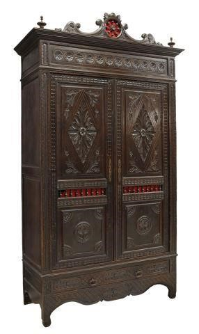 French Breton oak armoire bookcase late 19th c richly carved