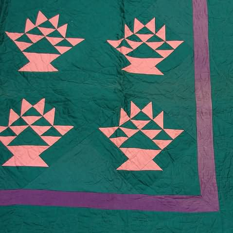 Repeating pink tree emblems purple border green ground 81 x