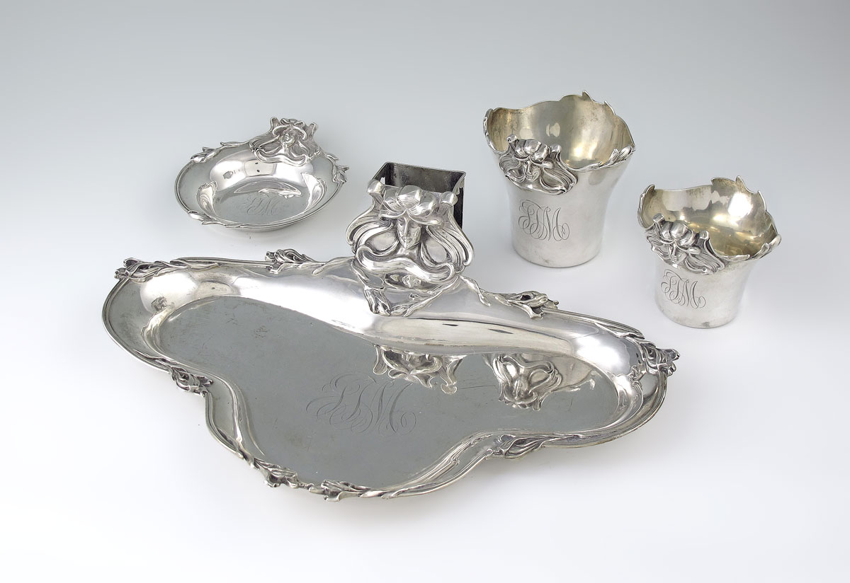 4 PIECE W B KERR ART NOUVEAU STERLING SMOKING SET