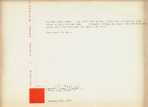 WRIGHT FRANK LLOYD Typed Letter Signed Frank Lloyd Wright 1