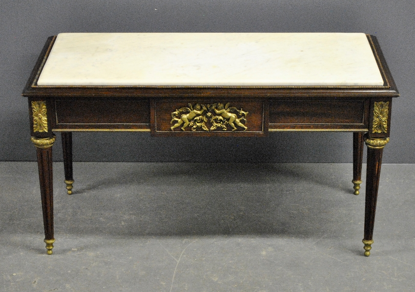 French style marble top mahogany coffee table with bronze ormolu