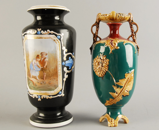 Two Continental Porcelain Vases one with painted cartouche of children