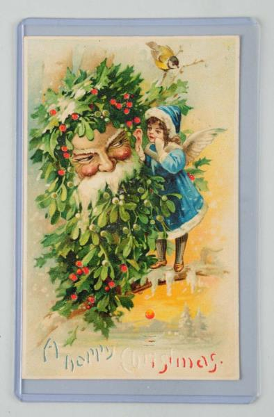 Hold to Light Santa Face Postcard Fantasy mistletoe head with