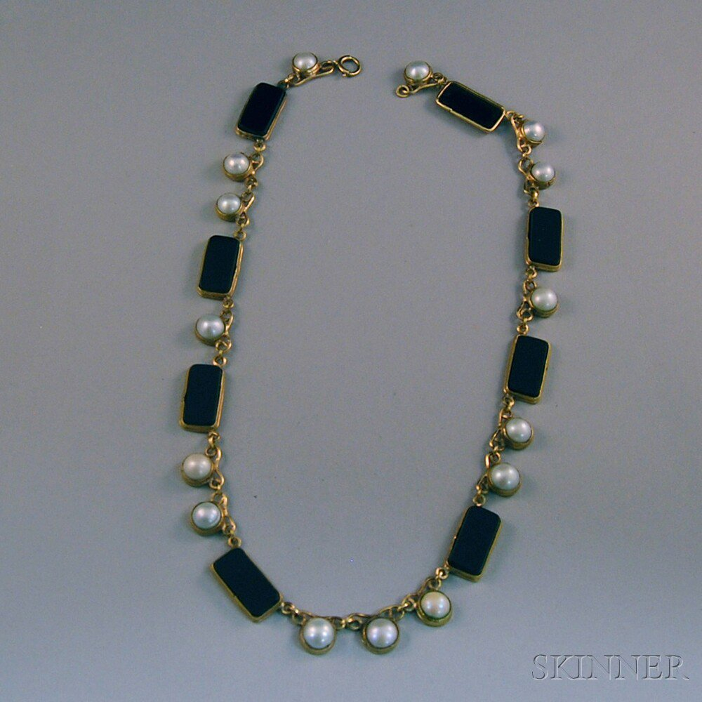 Gold Onyx and Split Pearl Necklace designed as bezel set