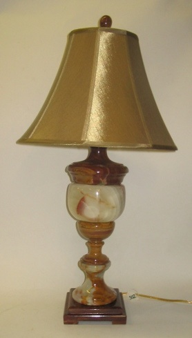 A HEAVY MARBLE PEDESTAL BASED TABLE LAMP the striated marble