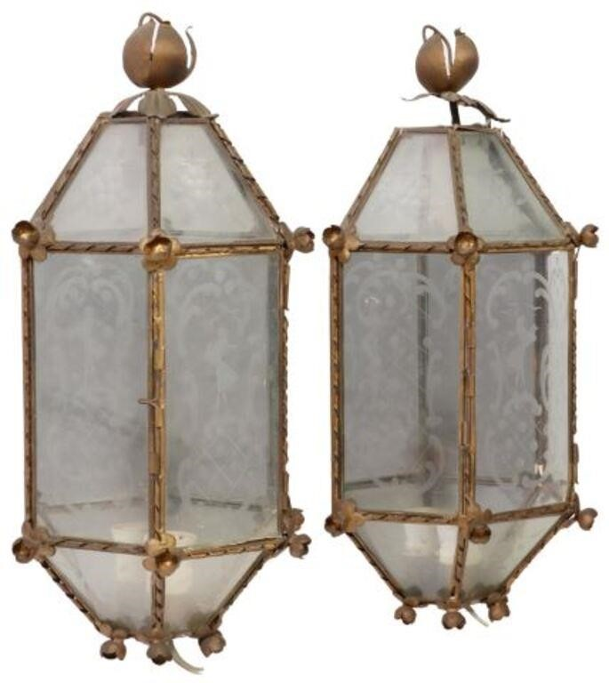 2 ITALIAN GILT METAL GLASS WALL SCONCES pair Italian patinated