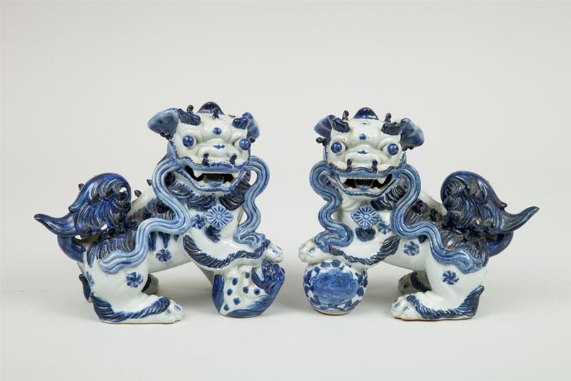 Pair of Chinese Blue and White Porcelain Fu Dogs 20th