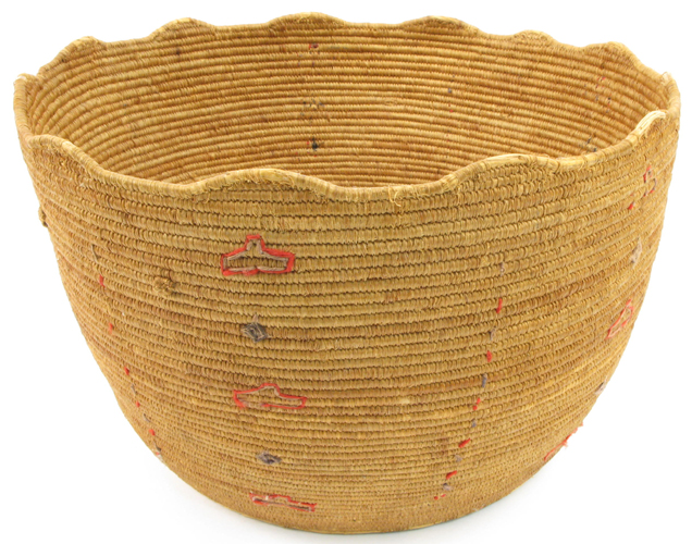 A NOOTKA ALASKAN ESKIMO WOVEN BASKET having red and brown