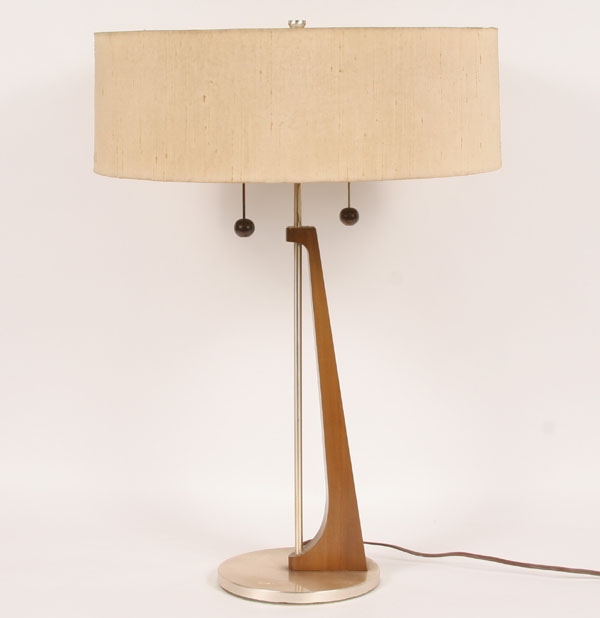 Mid century modern two light lamp with original cloth shade