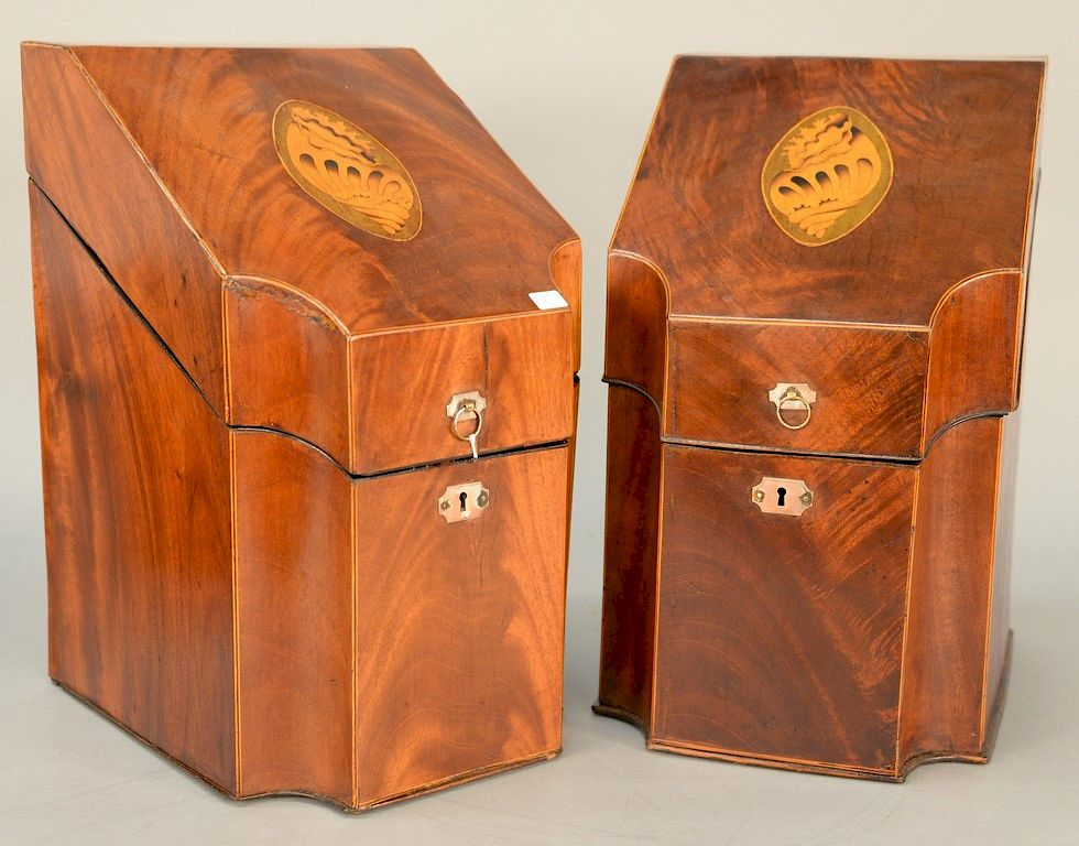 Pair of mahogany knife boxes with conch shell inlaid lids