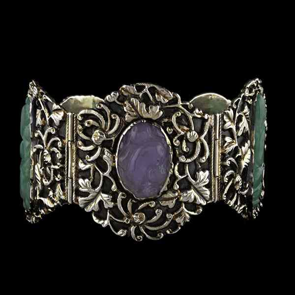 Silver Bangle with Green and Lavender Jade Chinese sterling silver