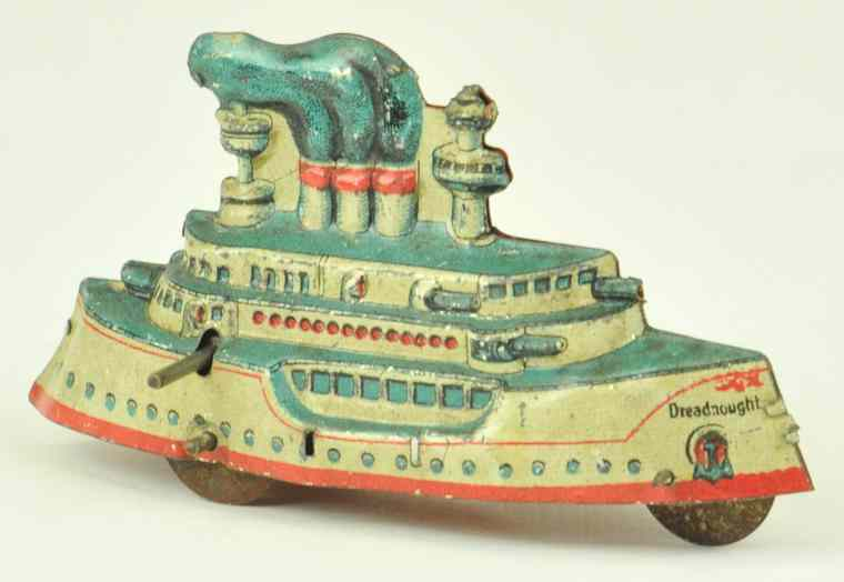 FISCHER BATTLESHIP PENNY TOY Germany lithographed tin done in blue