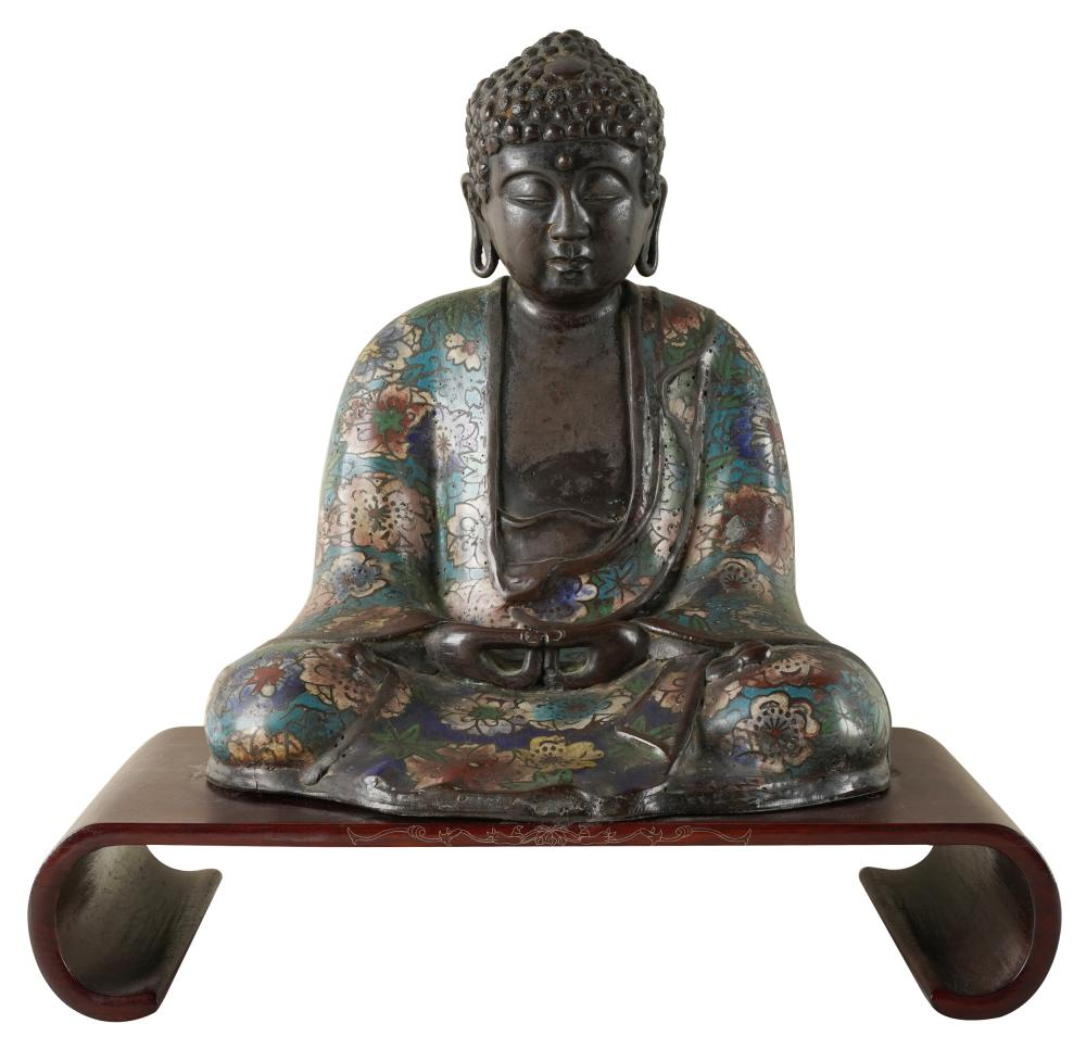 CLOISONNE BUDDHA FIGUREwith a lacquered wood stand Condition possible repairs
