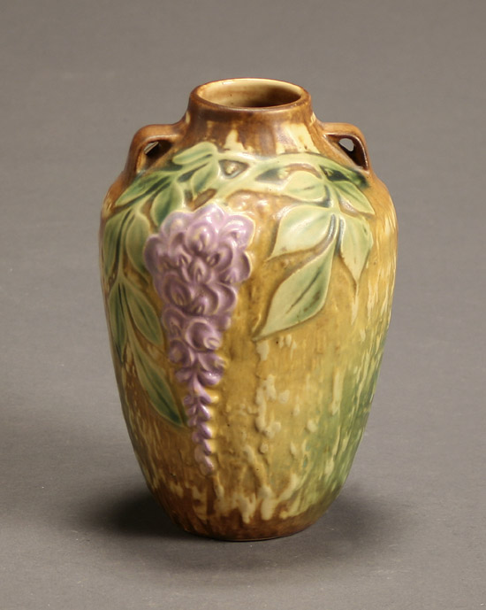Roseville Wisteria Handled Vase Circa 1920s Having a cream and