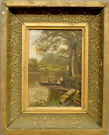 Victorian oil on canvas painting of a stream and figures