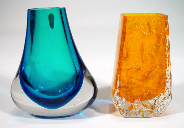 Whitefriars orange glass vocano vase and a Whitefriars blue glass
