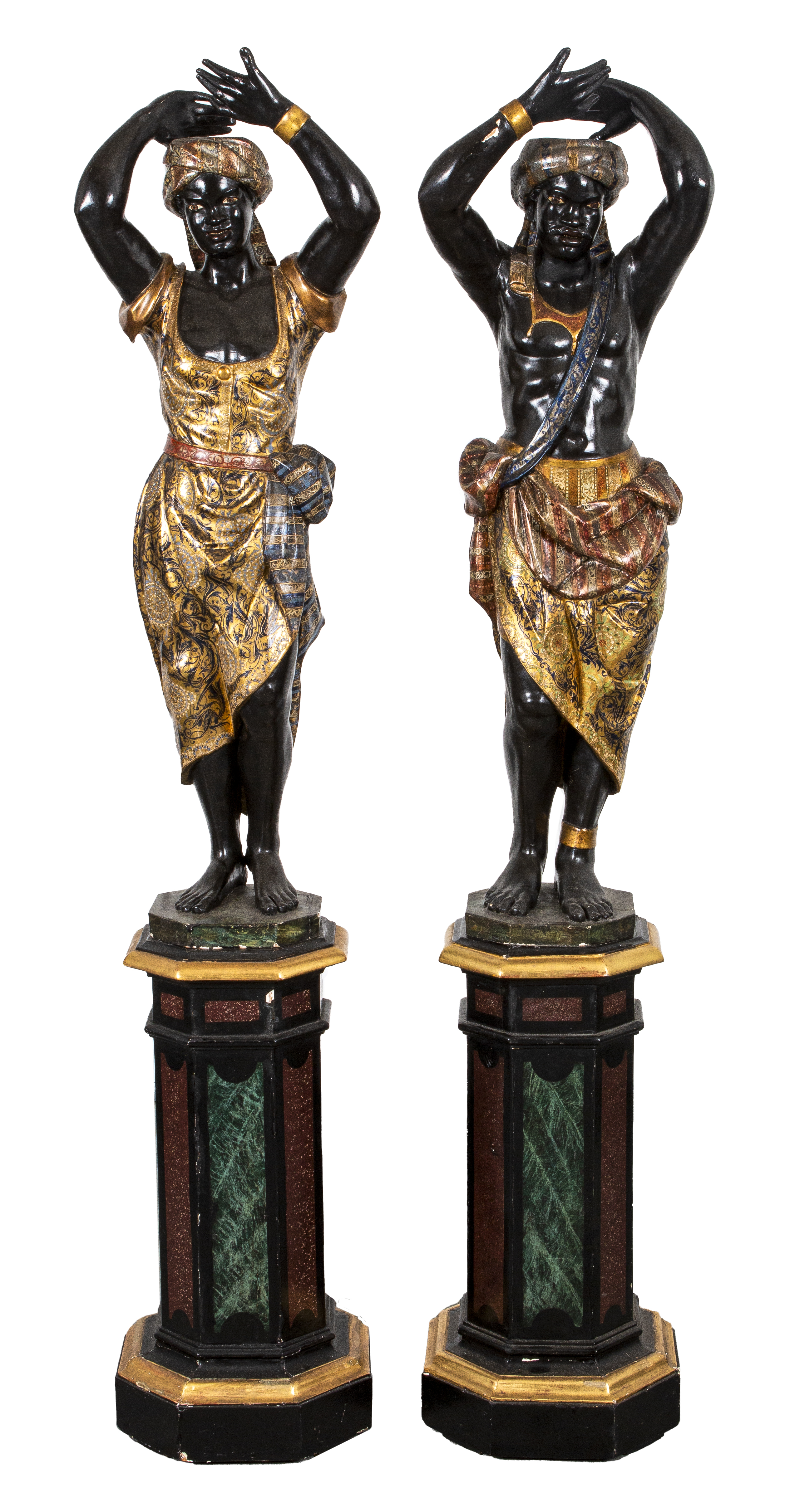 VENETIAN CARVED PAINTED BLACKAMOOR SCULPTURES Venetian carved gessoed parcel gilt