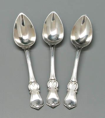 Three New Orleans coin silver spoons shaped floral handles scroll