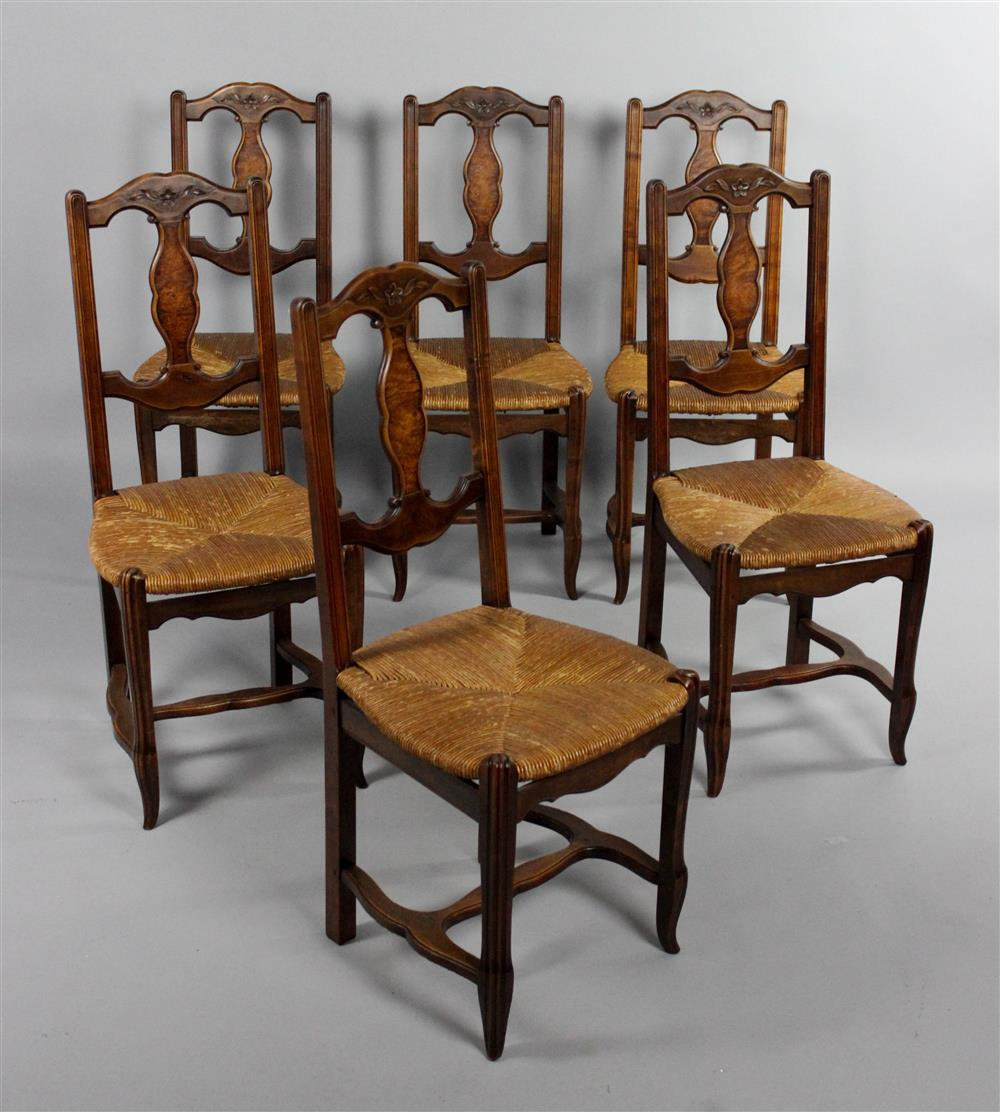 SET OF SIX FRENCH PROVINCIAL RUSH SEATED CHAIRS each having