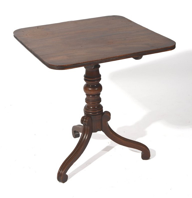 A MID 19TH CENTURY MAHOGANY SQUARE TIP UP OCCASIONAL TABLE