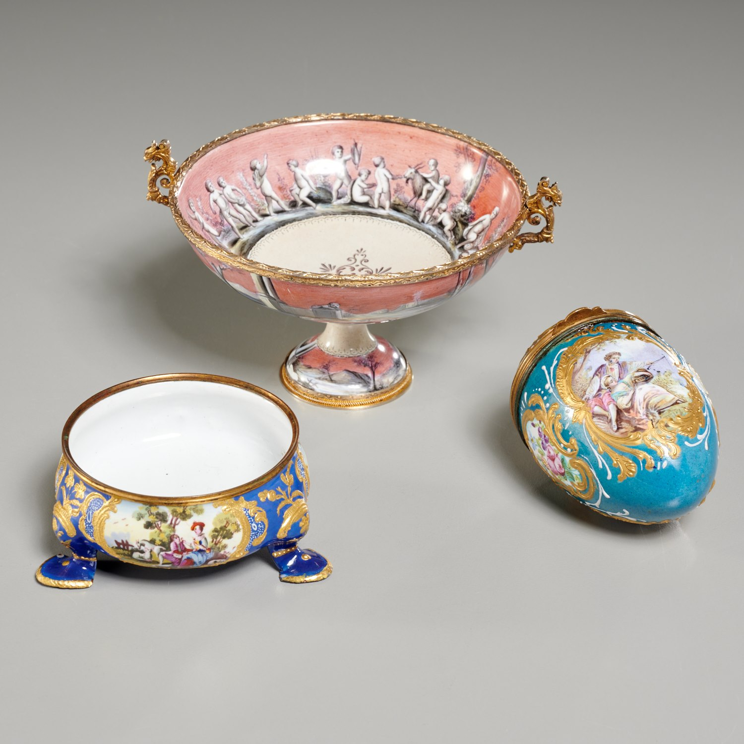 3 EUROPEAN MINIATURE ENAMEL OBJECTS 19th 20th c incl a