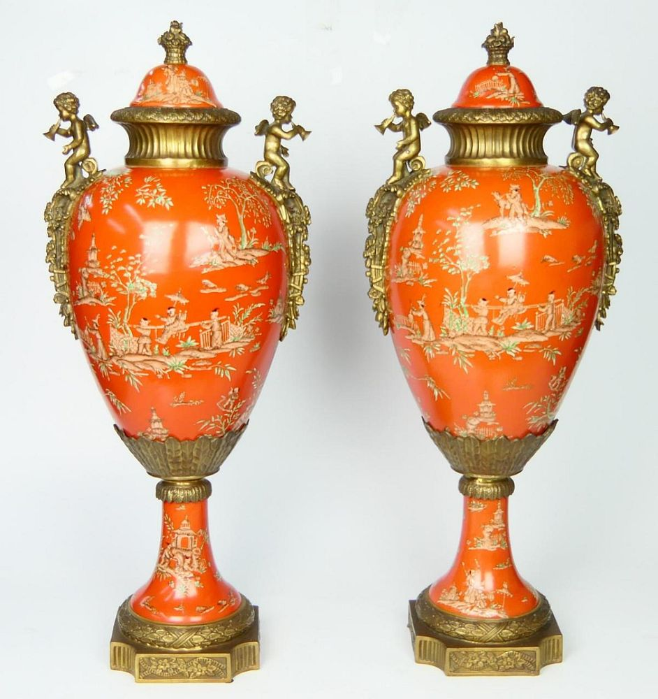 Pr CHINESE GILT BRONZE MOUNTED COVERED URNS A pair of