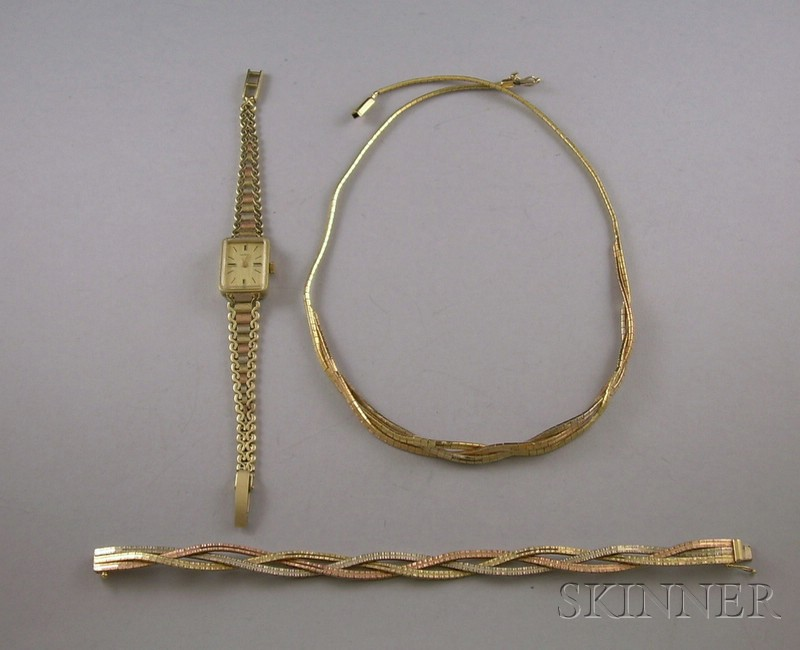 Three Tricolor 14kt Gold Jewelry Items a matching Italian necklace