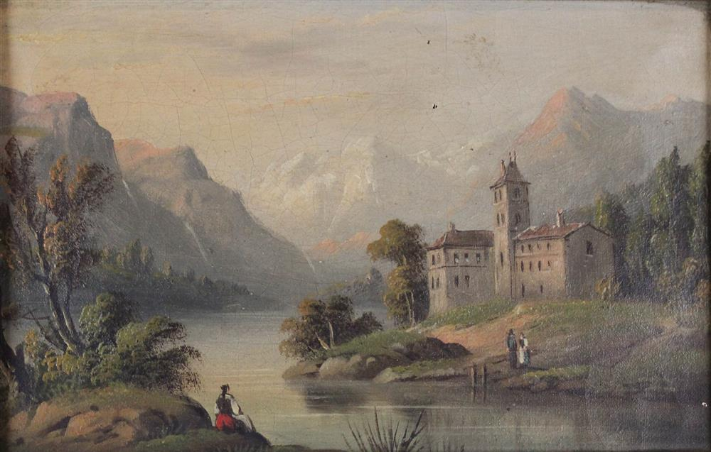CONTINENTAL SCHOOL 18TH 19TH CENTURY ALPINE RIVER SCENE WITH FIGURES