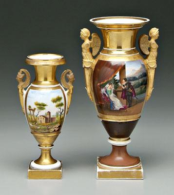 Two Paris porcelain urns one with Egyptian head handles hand