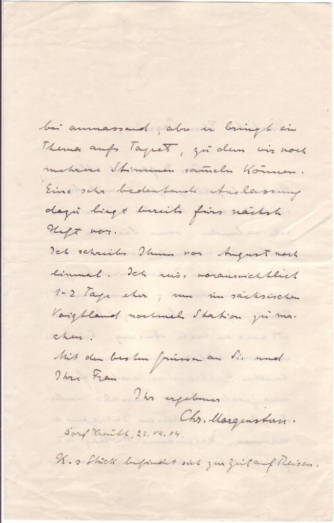 MORGENSTERN CHRISTIAN Autograph Letter Signed Chr Morgenstern to Esteemed Mr