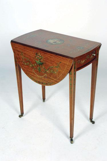 A SHERATON STYLE PAINTED SATINWOOD PEMBROKE TABLE the oval top