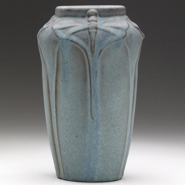 VAN BRIGGLE Bulbous vase embossed with moths and covered in