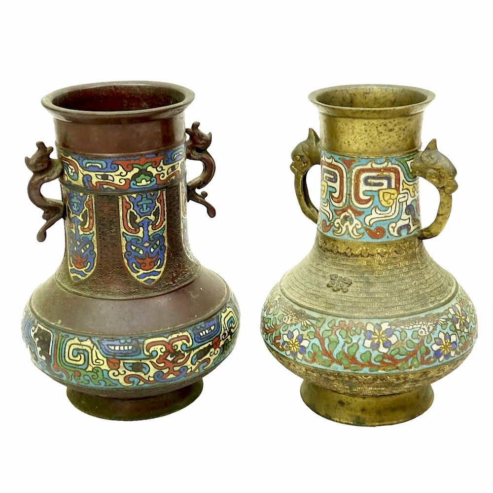 Two 2 Antique Japanese Bronze Champleve Vases Two 2 Antique