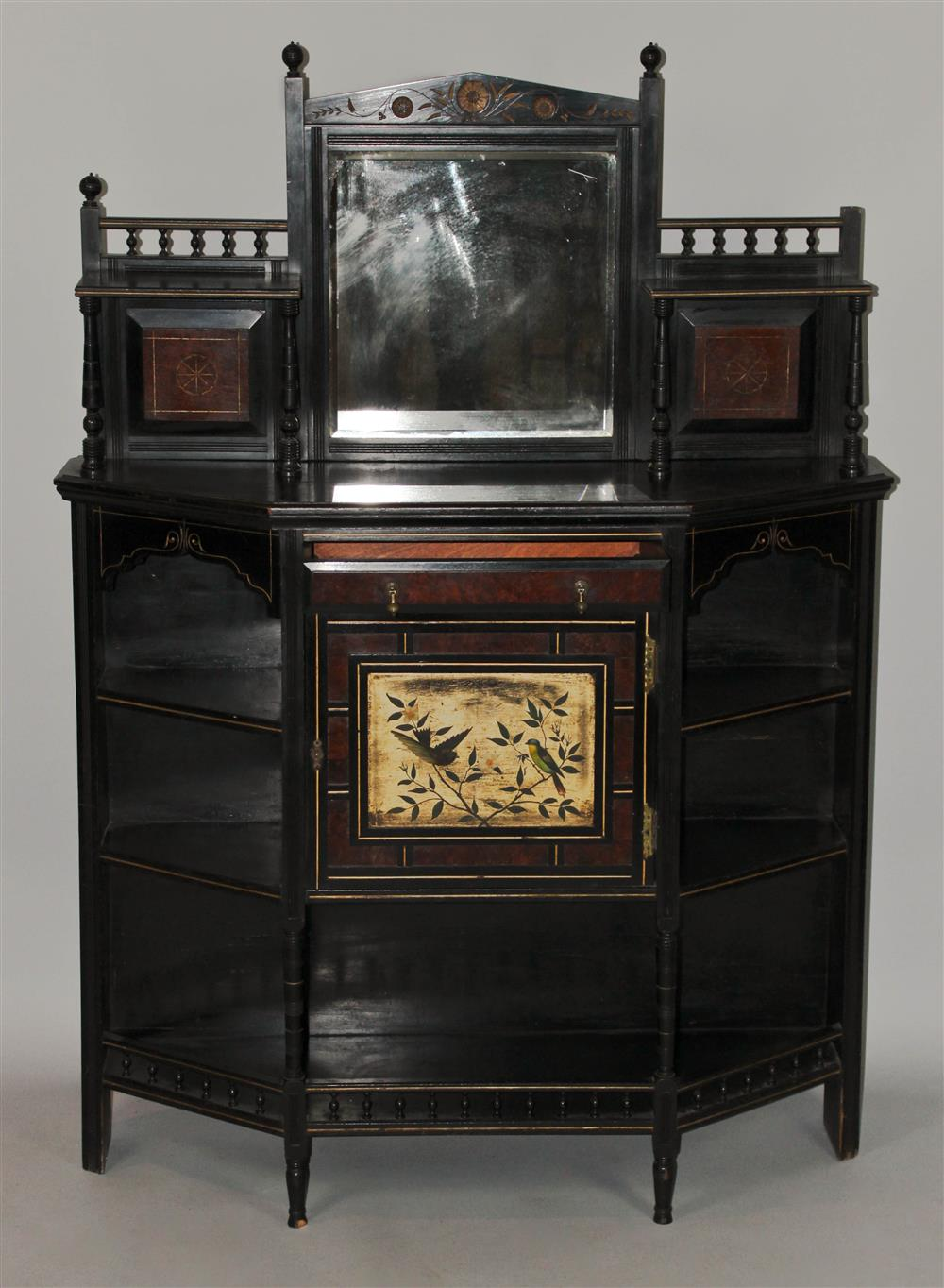 EBONIZED AESTHETIC MOVEMENT ETAGERE CABINET WITH MIRROR with a central