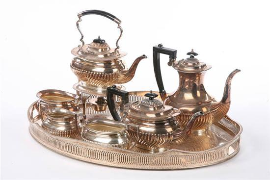 SEVEN PIECE SHEFFIELD SILVER PLATE TEA COFFEE SET Includes handled