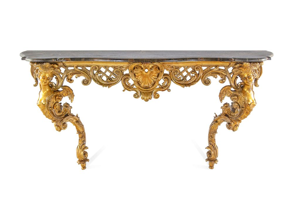 A Louis XV Style Carved Giltwood Faux Marble Top Console