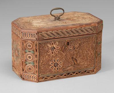 Quillwork tea box rectangular with canted corners two interior compartments