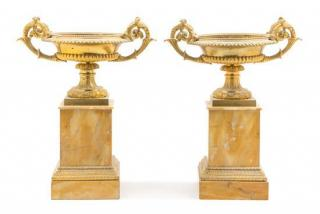 A Pair of Neoclassical Gilt Bronze and Marble Compotes Height