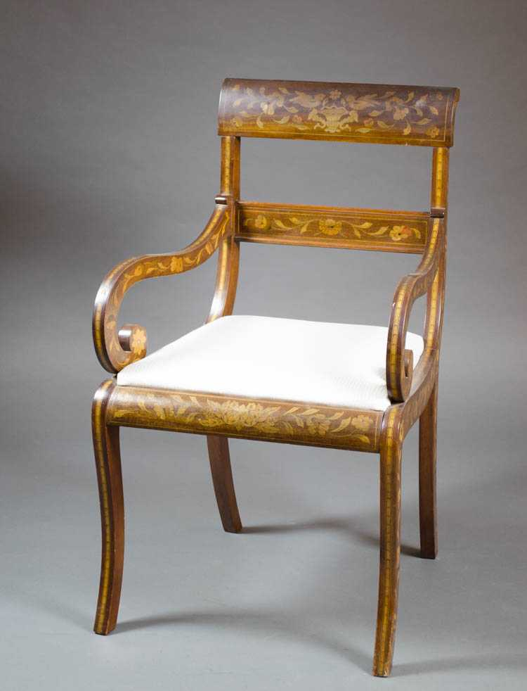 DUTCH MARQUETRY KLISMOS ARMCHAIR Netherlands 19th century the mahogany chair