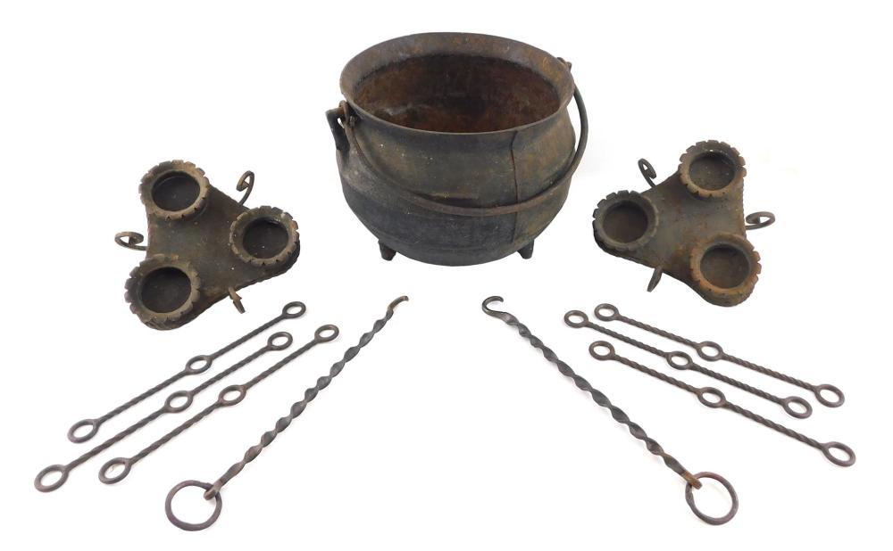 Three pieces of iron including pair of three candle socketed