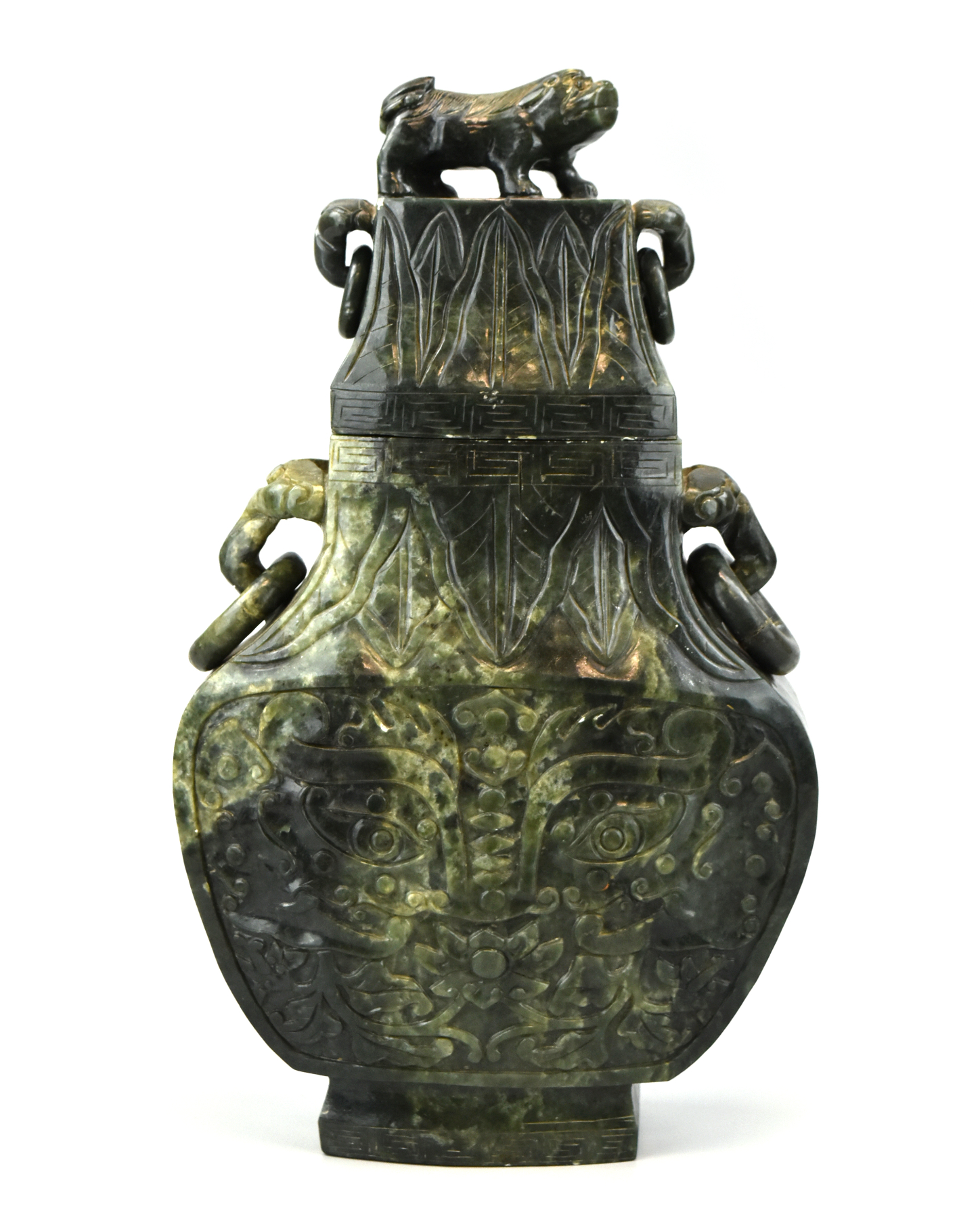 Heavy Chinese spinach jadeite vase with cover Neck and cover