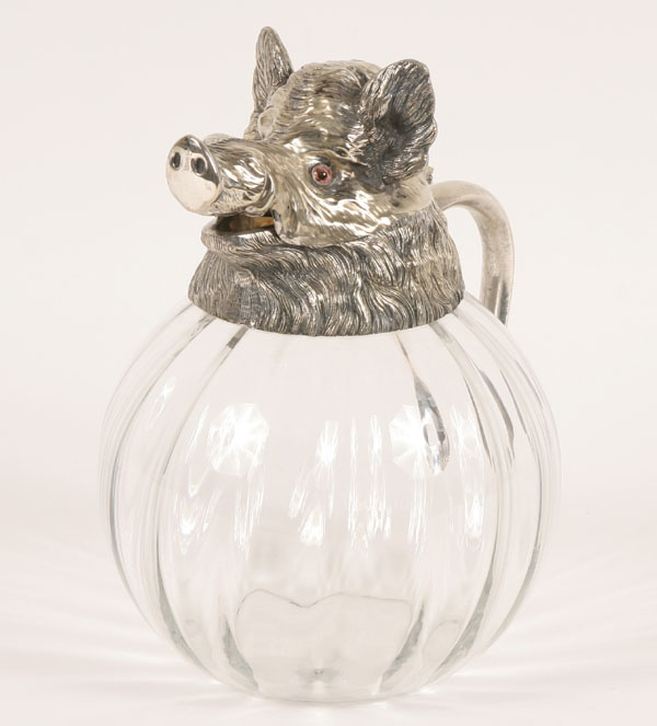 Ribbed glass pitcher with silverplate boar s head bulbous shape
