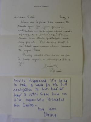 Ronald Reagan a hand written letter addressed to Edie Goetz
