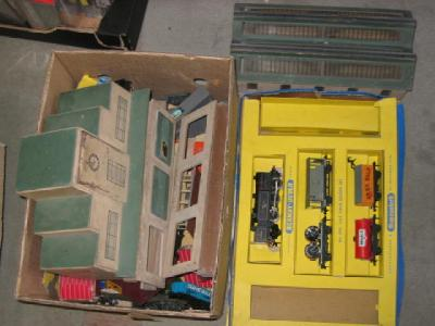 Various playworn trains by Hornby Dublo and others including station