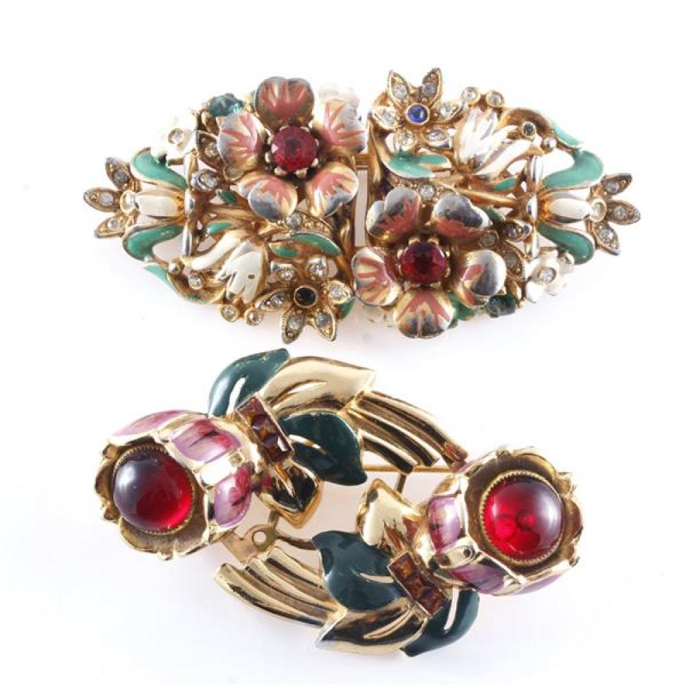 TWO 1940S DUETTES CORO STERLING VERMEIL WITH PINK RED ENAMEL