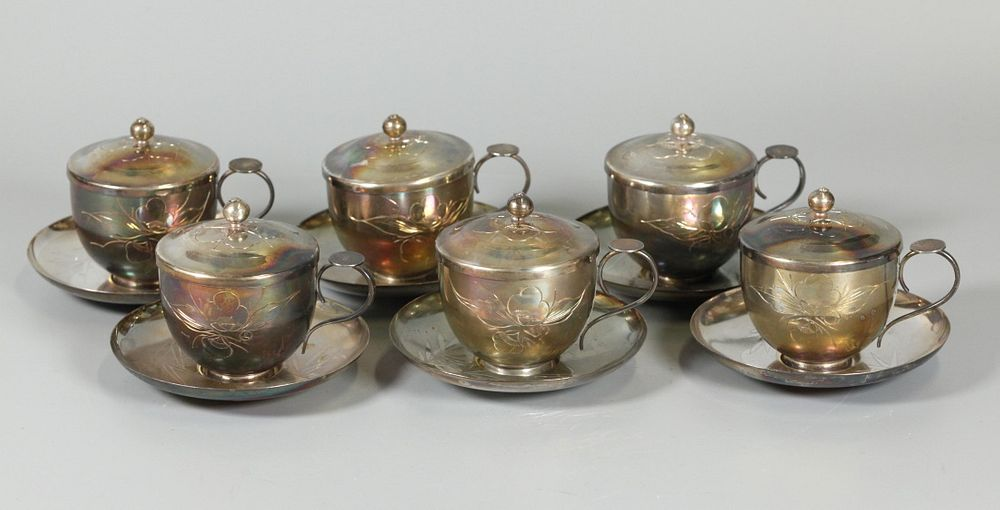 set of 6 Chinese silver tea cups w lids saucers