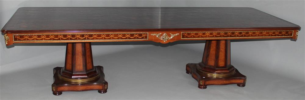 CUSTOM INLAID MIXED WOOD AND BRASS MOUNTED DOUBLE PEDESTAL DINING